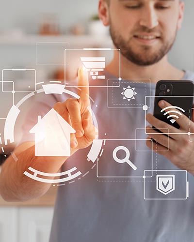 Man using futuristic interface of smart home automation someone working their smart home from their phone